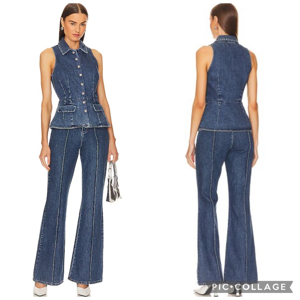 NWT Self-Portrait Denim Blue Jumpsuit | Size 10 | Crystal Button Detail